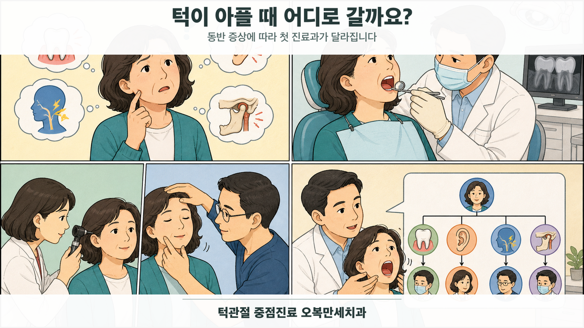 턱 통증이 있는 중년 여성이 치아·귀·신경 증상을 구분한 뒤 턱관절과 저작근 검사를 받는 4칸 의료 웹툰