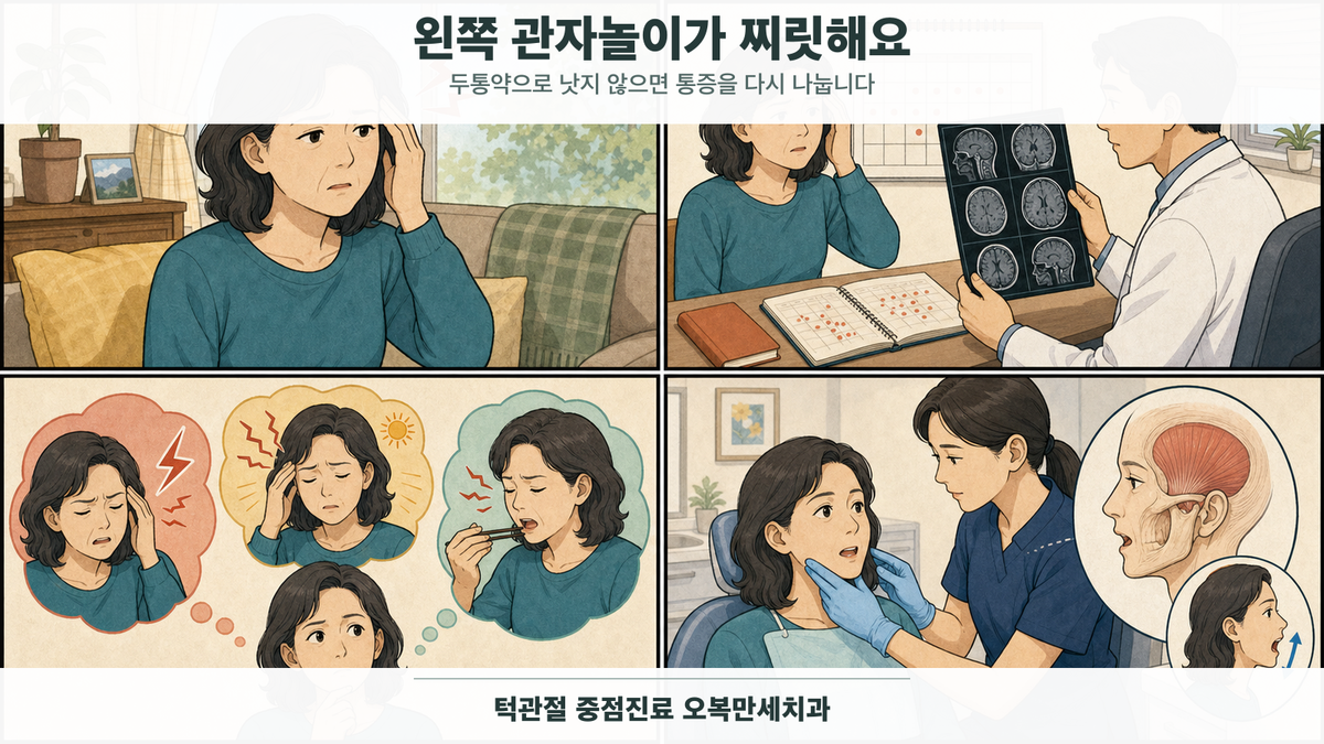 왼쪽 관자놀이 찌릿한 중년 여성이 두통 진료 후에도 남은 통증의 양상을 구분하고 안전 확인 후 측두근과 턱 기능을 검사받는 4칸 그림형 의료 웹툰