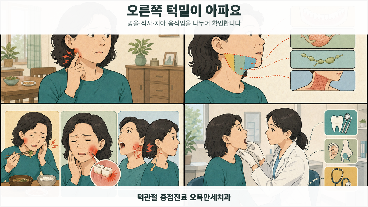 오른쪽 턱밑 통증을 느낀 중년 여성이 턱밑 앞·가운데·뒤 위치와 식사 부기·치아 통증·턱과 목 움직임을 구분해 검사받는 4칸 그림형 의료 웹툰