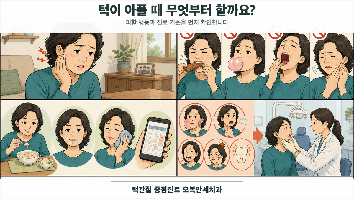 턱이 아픈 중년 여성이 질긴 음식·껌·큰 하품·강한 누르기를 피하고 부드러운 식사와 턱 휴식, 증상 기록 후 진료받는 4칸 그림형 의료 웹툰