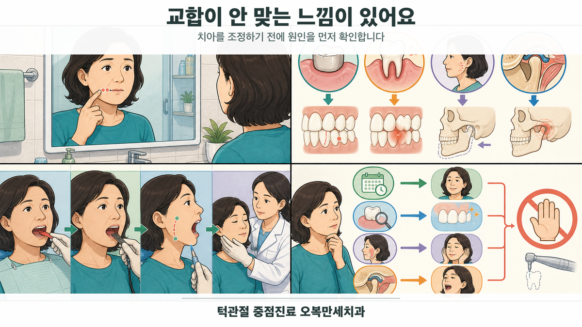 이를 다물 때 한쪽 치아가 먼저 닿는 중년 여성이 치아·보철·턱근육·턱관절 원인과 교합지·동적 교합·턱 움직임 검사를 거쳐 조정 여부를 결정하는 4칸 그림형 의료 웹툰