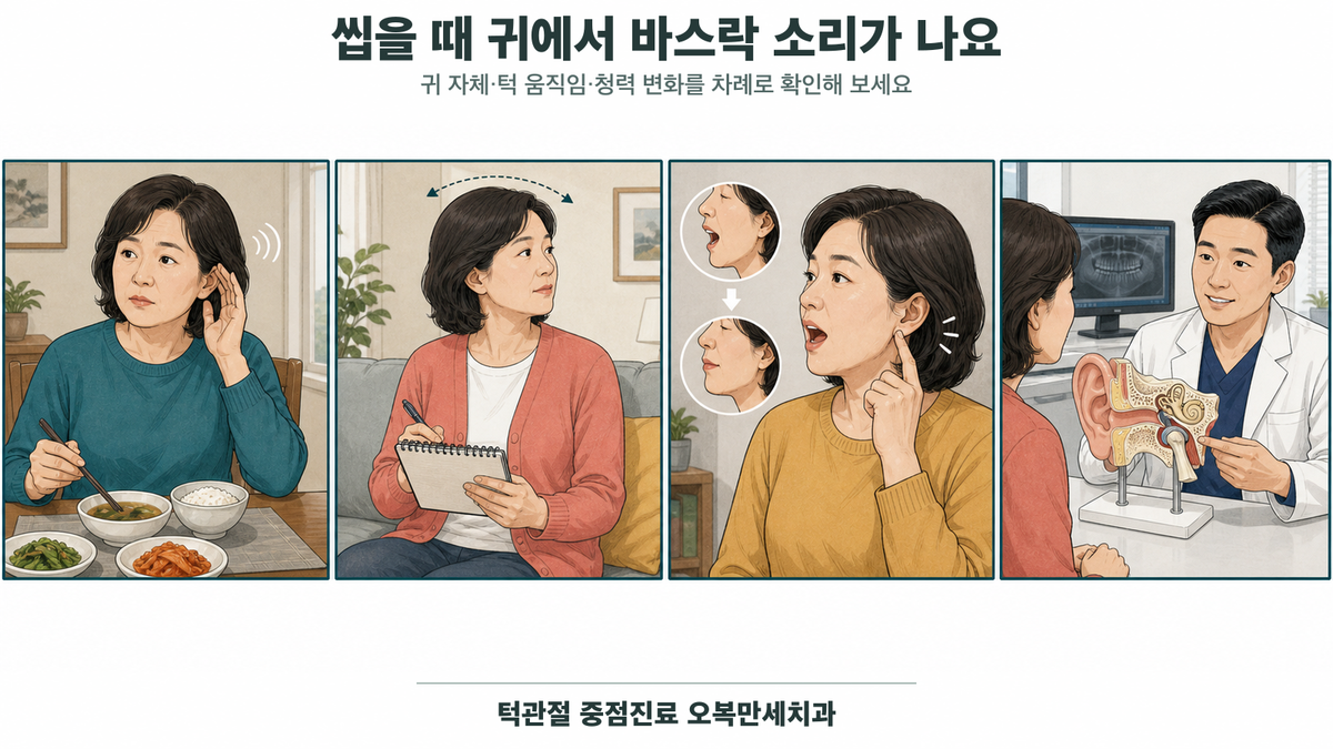 음식을 씹을 때 귀에서 바스락 소리를 느낀 중년 여성이 머리 움직임과 턱 움직임의 시점을 기록하고 치과에서 귀와 턱관절 위치를 설명받는 4칸 의료 웹툰