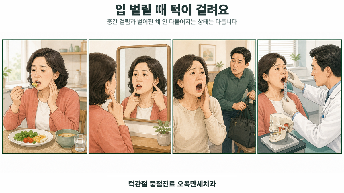 입을 벌리다 턱이 중간에서 걸린 중년 여성이 걸리는 지점과 편위를 확인하고 벌어진 채 다물어지지 않는 상황과 치과 개구량 검사를 구분하는 4칸 의료 웹툰