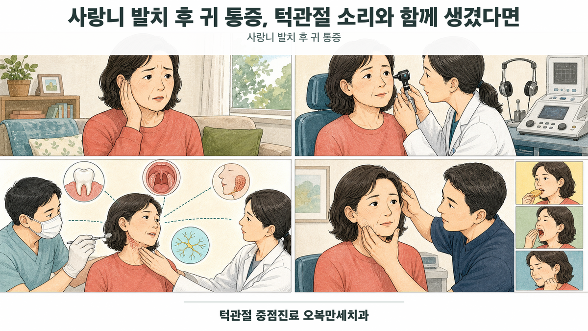 사랑니 발치 뒤 턱관절과 귀 주변 불편을 기록하고 턱을 편한 범위에서 여는 과정을 설명하는 의료 그림