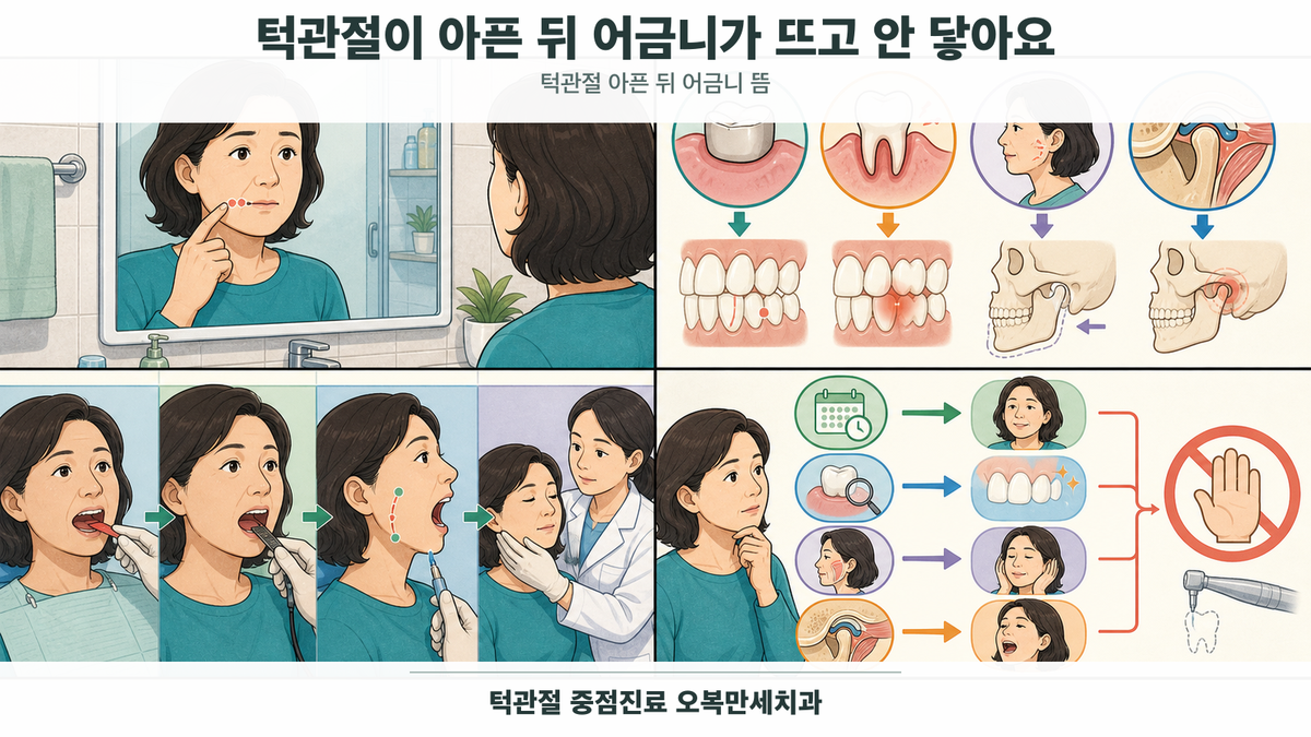 어금니 접촉이 달라진 느낌과 턱 움직임을 함께 확인하는 의료 그림