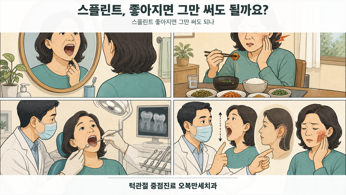 스플린트의 사용 목적과 단계적 감량·재평가 기준을 비교하는 의료 그림