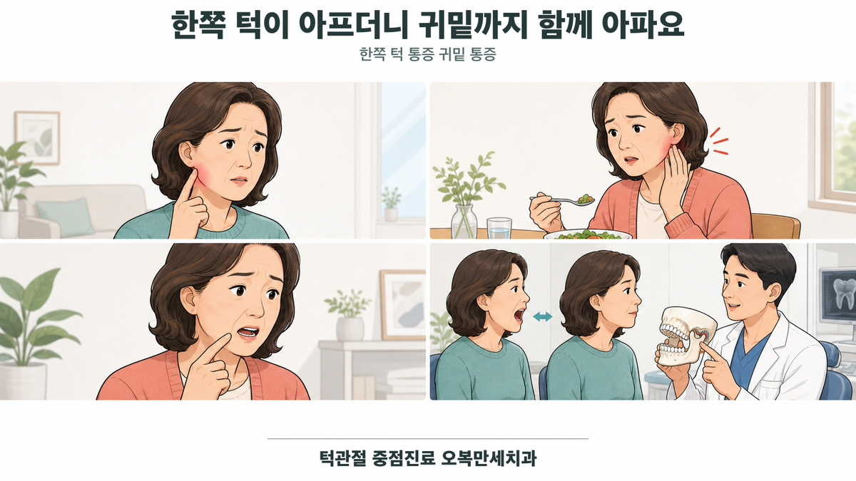 한쪽 턱과 귀밑의 위치, 식사·귀·목 움직임 단서를 비교하는 의료 그림