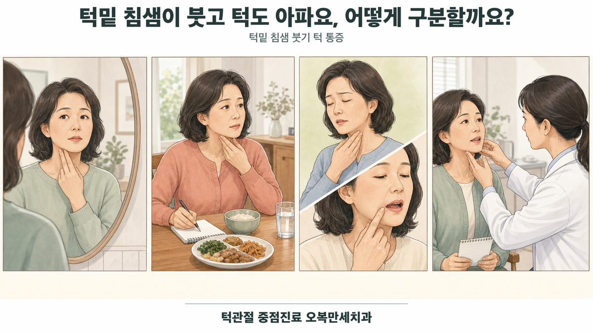턱밑 악하선·침샘관·림프절·턱관절 위치와 식사 때 부기를 구분하는 의료 그림