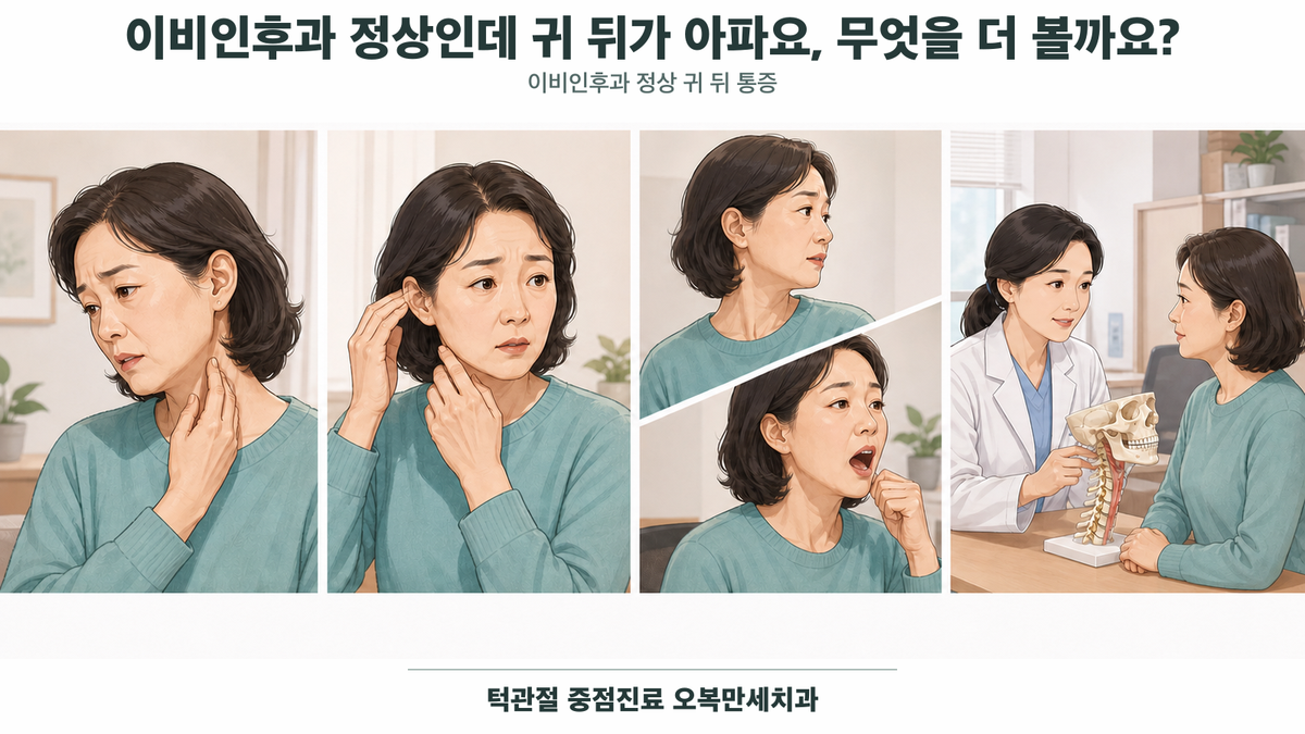 귀 뒤와 목, 턱관절 위치를 구분하며 고개 회전과 턱 움직임의 통증 변화를 확인하는 의료 그림