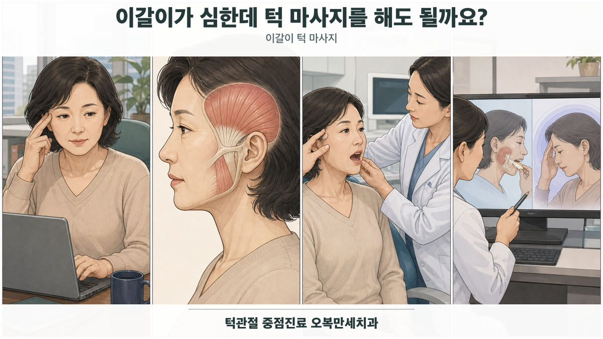 아침 턱 뻐근함에서 부드러운 근육 관리와 피해야 할 강한 압박을 구분하는 의료 그림