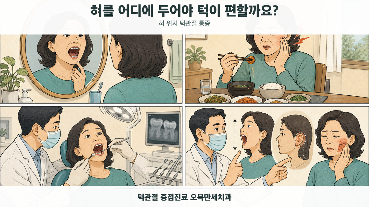 치아를 살짝 떨어뜨린 편안한 휴식 자세와 혀의 무리 없는 위치를 설명하는 의료 그림