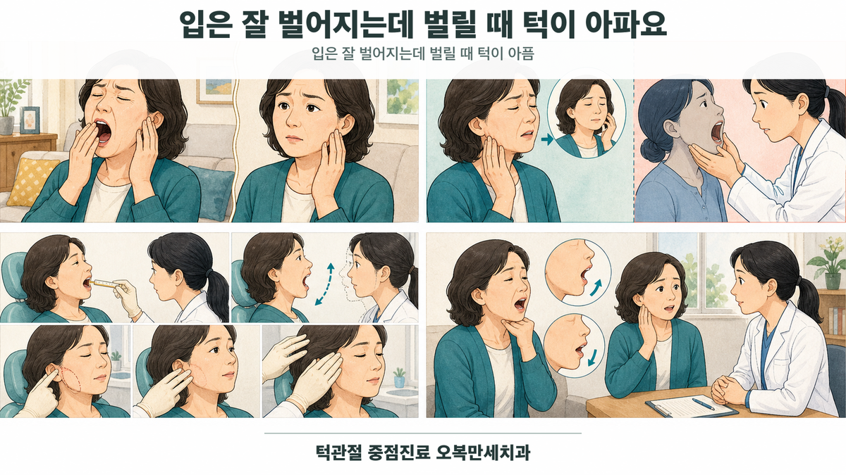 입은 열리지만 마지막 벌림 구간에서 턱 통증이 생기는 상황과 턱 움직임을 비교한 의료 그림