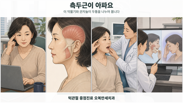 업무 중 관자놀이가 뻐근한 중년 여성이 부채꼴 측두근의 위치를 확인하고 치과에서 턱 움직임과 관자놀이 근육 검사를 받으며 두통과 턱근육 통증을 비교하는 4칸 의료 웹툰