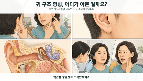 거울로 귀 앞·뒤·밑 위치를 확인하는 중년 여성이 귓바퀴와 외이도, 중이와 내이, 귀 앞 턱관절과 귀밑 이하선의 관계를 살펴보고 이비인후과 검사를 받는 4칸 의료 웹툰