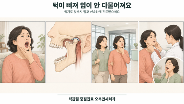 하품 뒤 입이 벌어진 채 다물어지지 않는 중년 여성이 턱을 받치고 동행인과 응급 진료를 받은 뒤 재발 예방 설명을 듣는 4칸 의료 웹툰