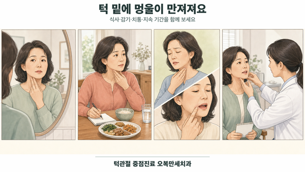 턱 밑에 작은 멍울을 발견한 중년 여성이 식사 전후 변화를 기록하고 목·치아 증상을 확인한 뒤 의료진에게 진찰받는 4칸 의료 웹툰