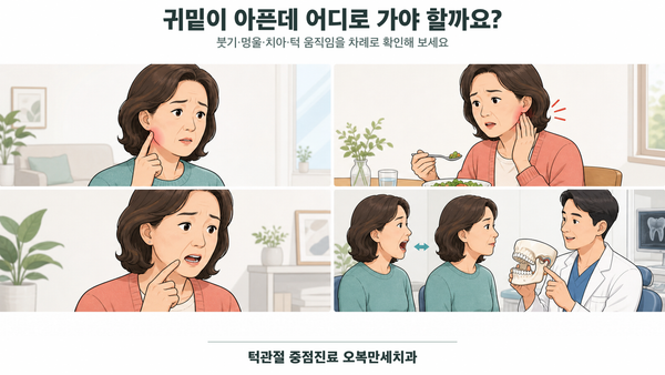 귀밑 통증이 있을 때 식사 중 부기, 치아 통증, 턱 움직임에 따른 변화를 차례로 확인하는 중년 여성의 4칸 의료 웹툰