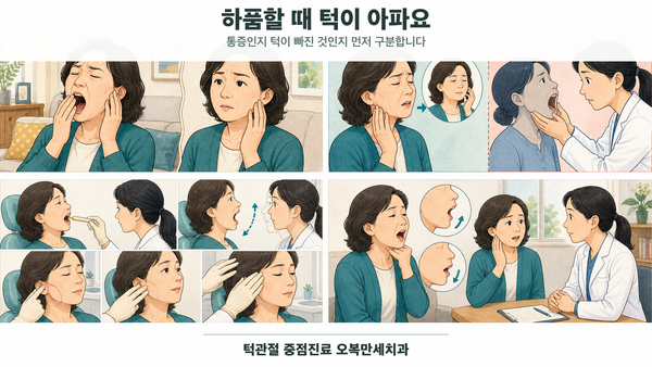 하품 뒤 턱 통증을 느낀 중년 여성이 입을 닫을 수 있는 통증과 입이 열린 채 닫히지 않는 턱 빠짐을 구분하고 턱관절과 저작근 검사를 받는 4칸 그림형 의료 웹툰