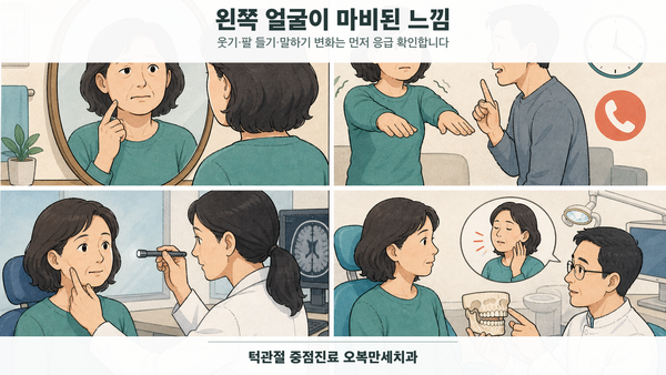 왼쪽 얼굴이 마비된 느낌을 받은 중년 여성이 웃기·양팔 들기·말하기를 확인하고 응급 신경학적 평가를 받은 뒤 턱 기능 검사를 구분하는 4칸 의료 웹툰