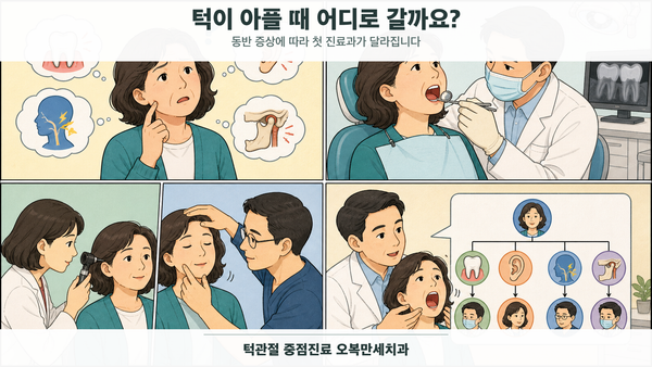 턱 통증이 있는 중년 여성이 치아·귀·신경 증상을 구분한 뒤 턱관절과 저작근 검사를 받는 4칸 의료 웹툰
