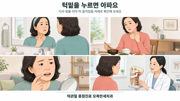 턱밑을 누르면 아픈 중년 여성이 식사 때 부기, 아래 어금니 증상, 턱밑 근육과 목 경계를 차례로 확인하는 4칸 의료 웹툰