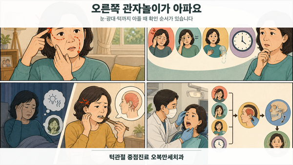 오른쪽 관자놀이와 눈·광대·턱 통증을 느낀 중년 여성이 응급 신호와 편두통 특징을 확인한 뒤 씹기에서 달라지는 측두근과 턱 기능을 검사받는 4칸 그림형 의료 웹툰