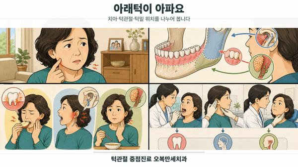 아래턱 통증을 느낀 중년 여성이 치아와 잇몸, 귀 앞 턱관절과 저작근, 턱밑 침샘과 목 위치를 나누어 검사받는 4칸 그림형 의료 웹툰