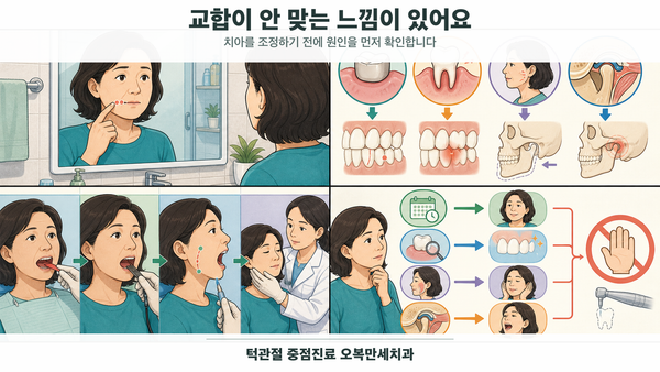 이를 다물 때 한쪽 치아가 먼저 닿는 중년 여성이 치아·보철·턱근육·턱관절 원인과 교합지·동적 교합·턱 움직임 검사를 거쳐 조정 여부를 결정하는 4칸 그림형 의료 웹툰