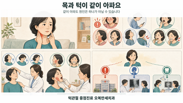목과 턱이 같이 아픈 중년 여성이 위험 신호와 목 움직임·턱 기능 단서를 나눈 뒤 목과 턱을 각각 검사받고 진료 순서를 정하는 4칸 그림형 의료 웹툰