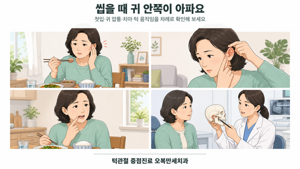 음식을 씹을 때 귀 안쪽이 아픈 중년 여성이 귀 자체 압통, 특정 어금니 통증, 턱관절 움직임을 차례로 확인하는 4칸 의료 웹툰