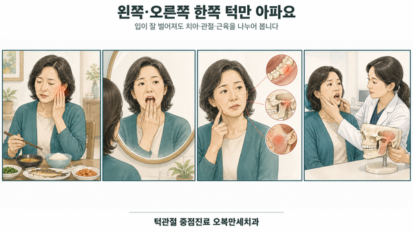 식사할 때 한쪽 턱이 아픈 중년 여성이 입 벌림을 확인하고 같은 쪽 치아·턱관절·씹는 근육의 위치를 구분한 뒤 치과에서 양쪽 턱을 비교 검사받는 4칸 의료 웹툰