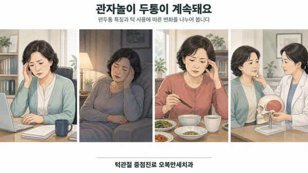 반복되는 관자놀이 두통이 있는 중년 여성이 빛 민감성과 식사 중 통증 변화를 구분하고 의료진에게 두통과 턱 기능을 함께 평가받는 4칸 의료 웹툰