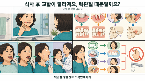 식사 전후와 자세에 따라 달라지는 치아 접촉 느낌을 비교하는 의료 그림