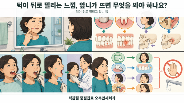턱이 뒤로 밀리는 느낌과 앞니 접촉 변화를 구분해 평가하는 의료 그림