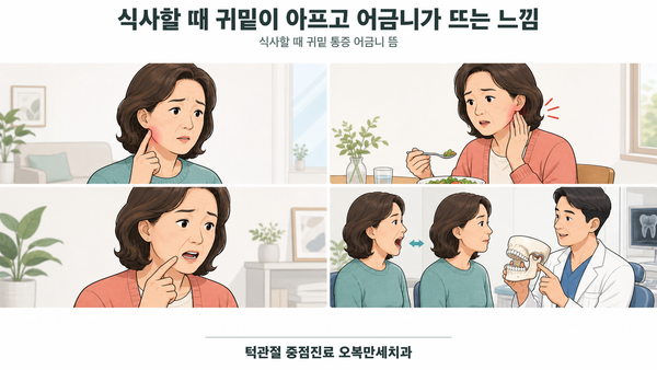 식사 중 귀밑 통증과 어금니 접촉 감각을 침샘·치아·턱관절로 나누어 확인하는 의료 그림