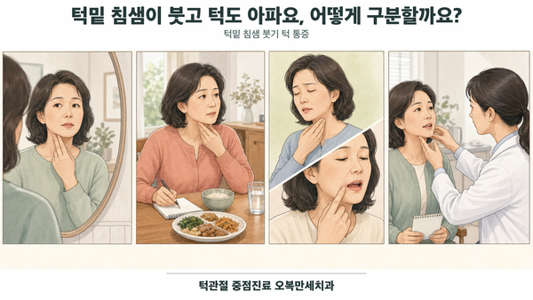 턱밑 악하선·침샘관·림프절·턱관절 위치와 식사 때 부기를 구분하는 의료 그림