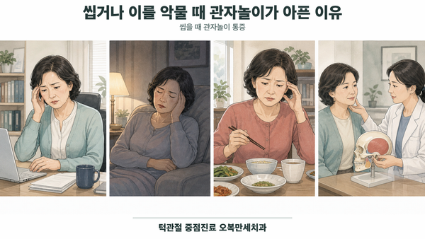 씹기와 이악물기 때 측두근 위치에서 통증이 재현되는지 확인하는 의료 그림