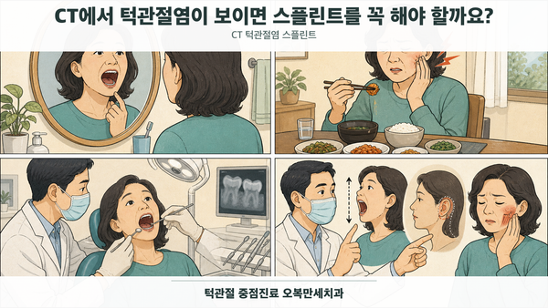 CT 구조 소견과 현재 증상·기능을 함께 보고 스플린트 필요성을 판단하는 의료 그림