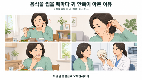 식사 중 귀 안쪽 통증을 느낀 사람이 귀·치아·귀밑·턱 움직임 단서를 차례로 확인하는 의료 그림
