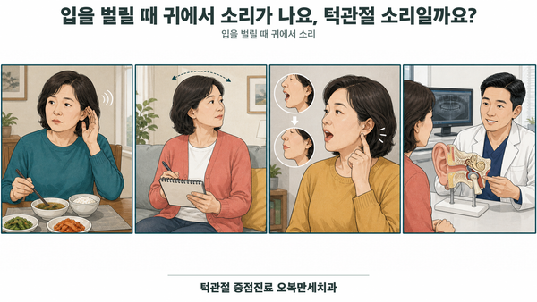 입을 열고 다물 때 귀 앞 진동과 귀 안쪽 소리를 비교하고 진료실에서 턱관절을 설명받는 의료 그림