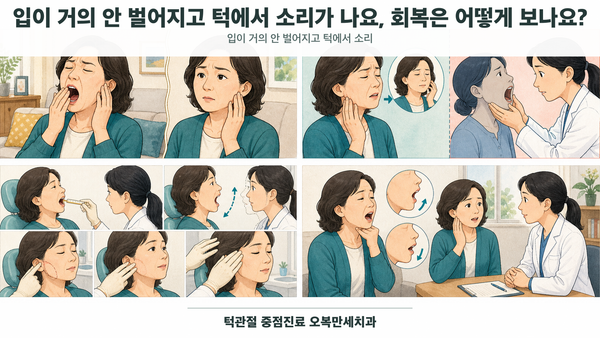 입 벌림 범위와 좌우 턱의 소리·통증 변화를 기록하고 의료진이 턱 움직임을 설명하는 그림
