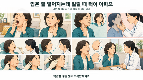 입은 열리지만 마지막 벌림 구간에서 턱 통증이 생기는 상황과 턱 움직임을 비교한 의료 그림