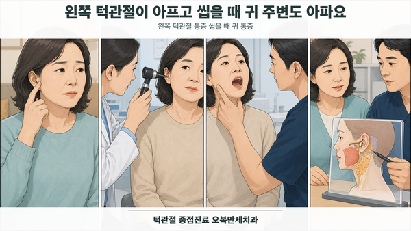 왼쪽 귀 앞과 턱관절 부위를 가리키며 식사 중 통증을 기록하고 진료실에서 턱 움직임을 확인하는 의료 설명 그림
