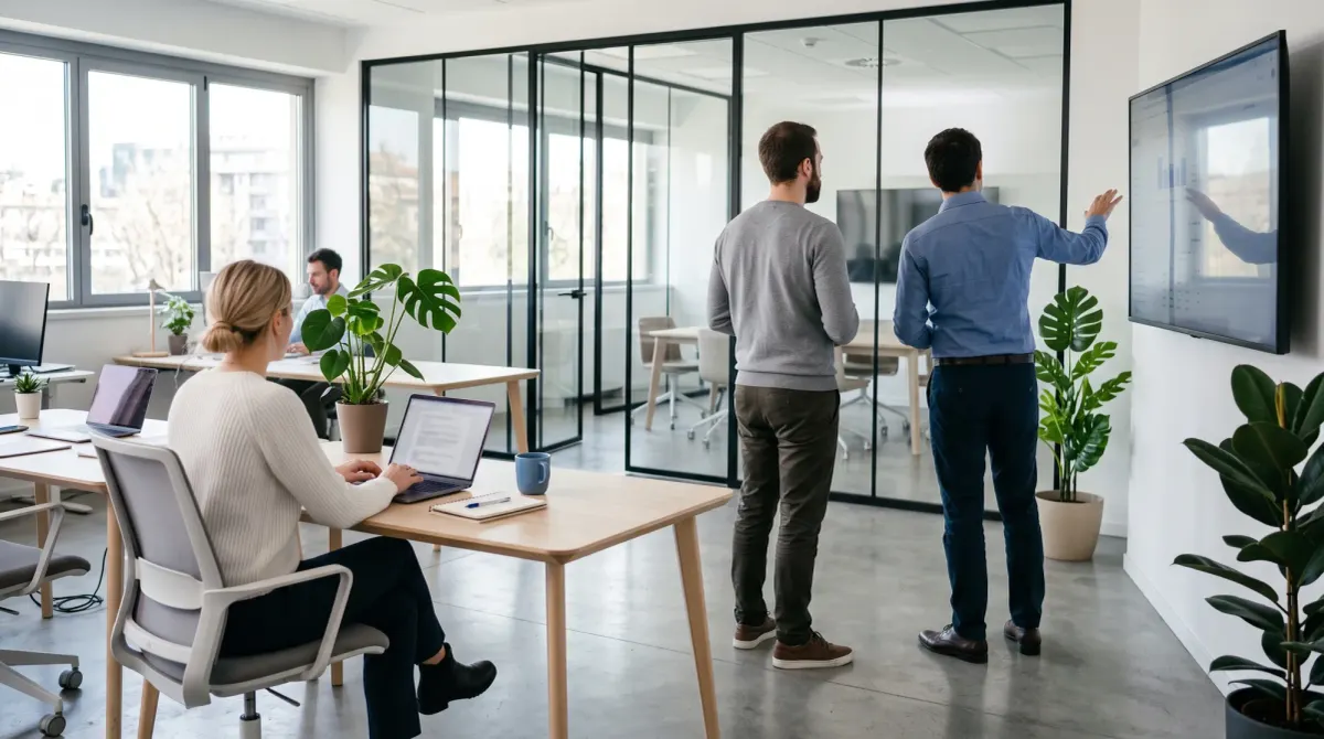 Professionisti al lavoro in un ufficio open space, due in piedi davanti a uno schermo