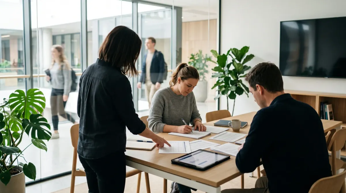 Tre docenti al lavoro su una griglia di valutazione attorno a un tavolo, in un'aula contemporanea con pareti di vetro