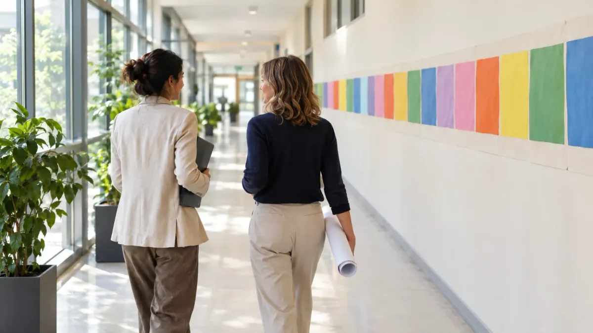 Due docenti percorrono un corridoio scolastico accanto a un lungo schema a riquadri colorati appeso alla parete.