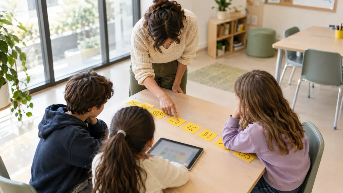 Tre alunni con una docente usano tablet e cartoncini colorati per ordinare una sequenza di passi in aula.