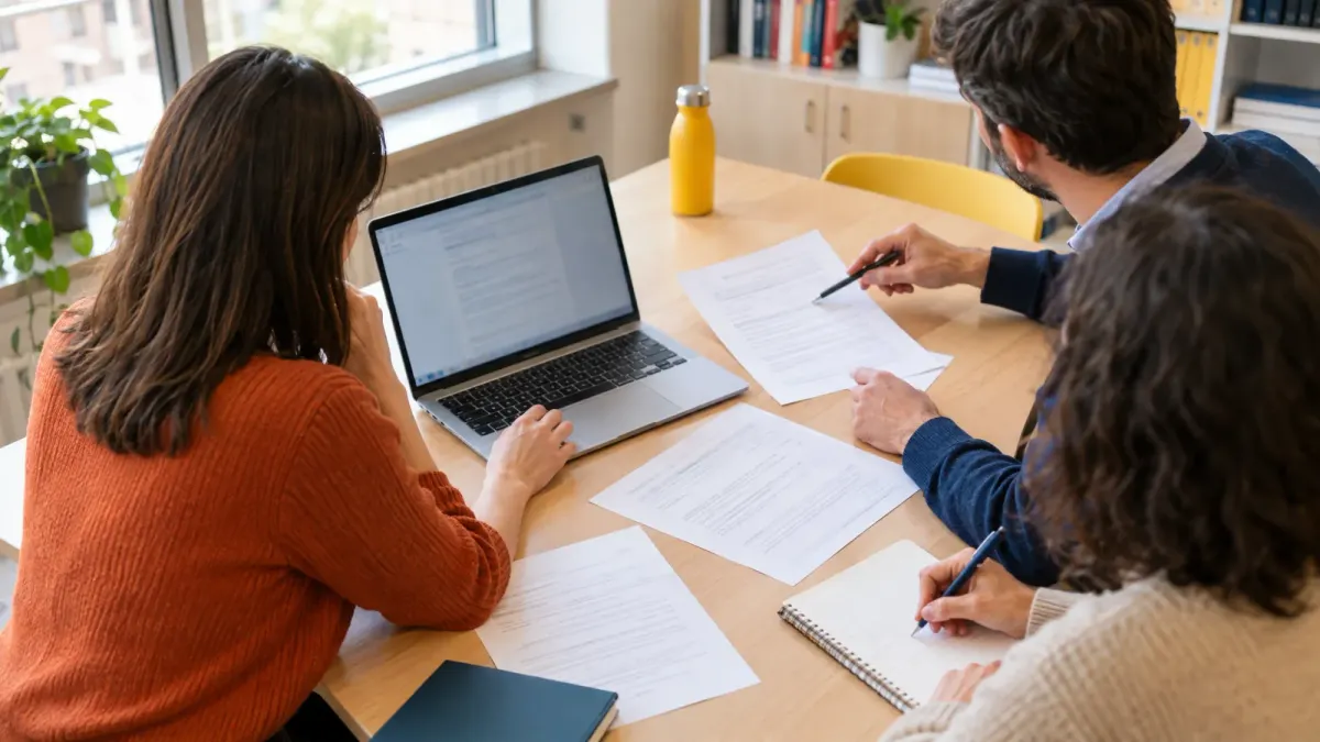 Tre persone in sala insegnanti consultano un test digitale e una stampa su carta accanto a un laptop.