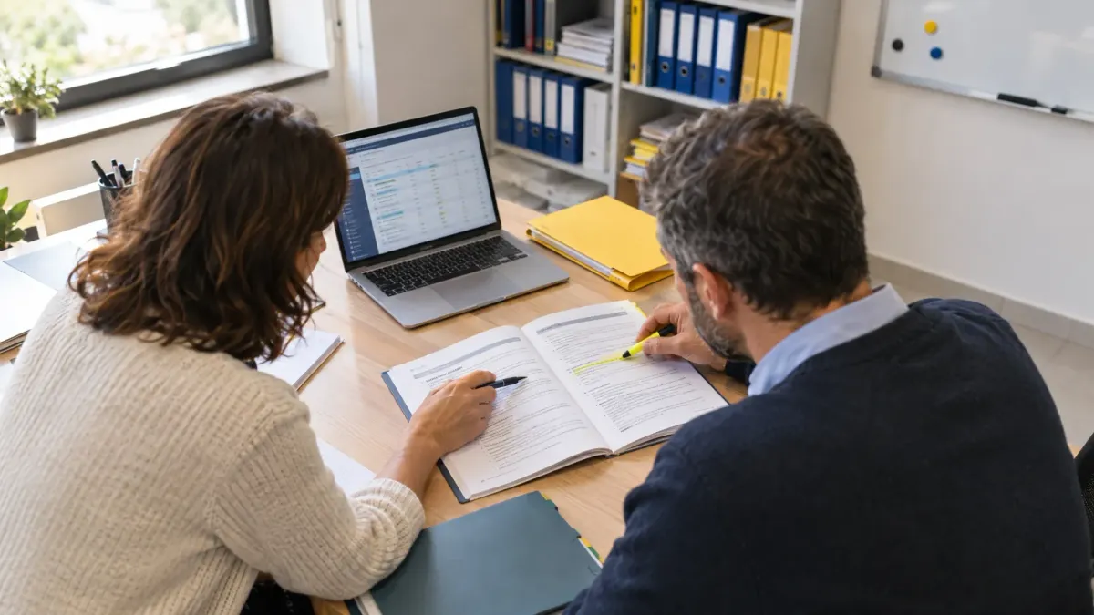 Docente e coordinatore consultano registro e regolamento di istituto in segreteria scolastica.