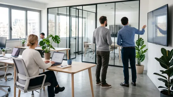 Professionisti al lavoro in un ufficio open space, due in piedi davanti a uno schermo